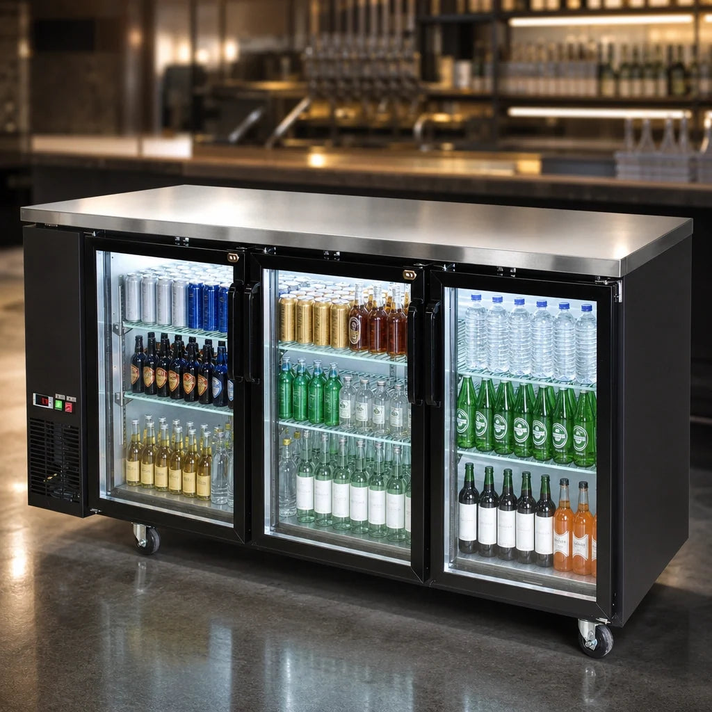 BK Resources Back Bar Refrigerator — 72″, 3 Glass Doors
