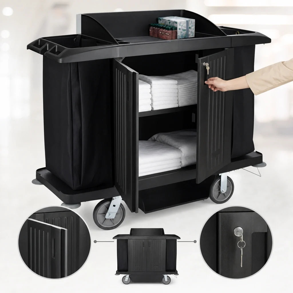 Rubbermaid Housekeeping Cart — With Doors & Bag, Black