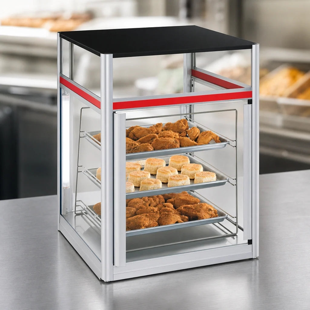Hatco Flav-R-Savor 2-Door Countertop Hot Food Holding and Display Cabinet with Stationary 3-Tier Pan Rack
