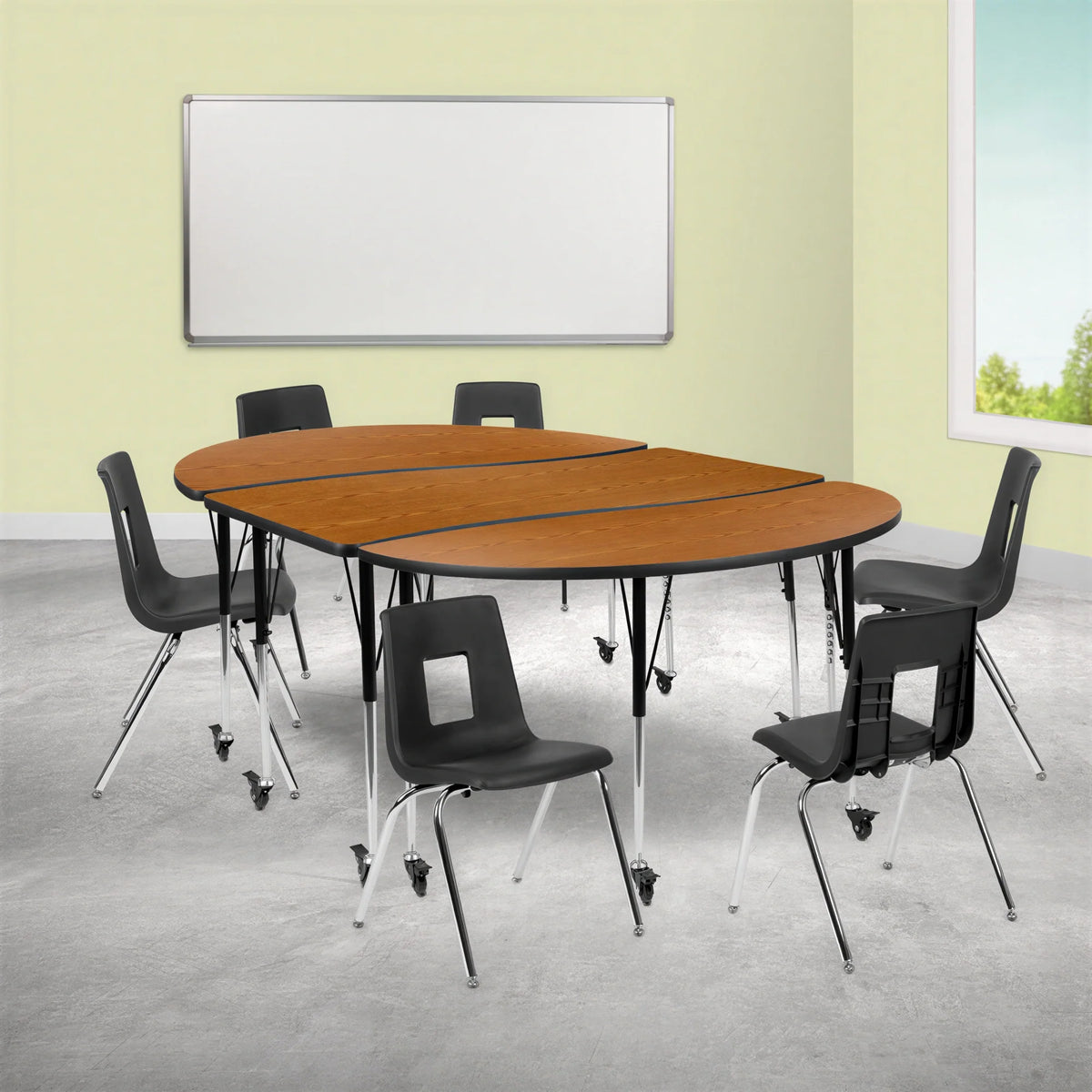 Oval Activity Table & 6 Chairs — Oak/Black (XU-GRP-18CH-A3060CON-60-OAK-T-A-CAS)