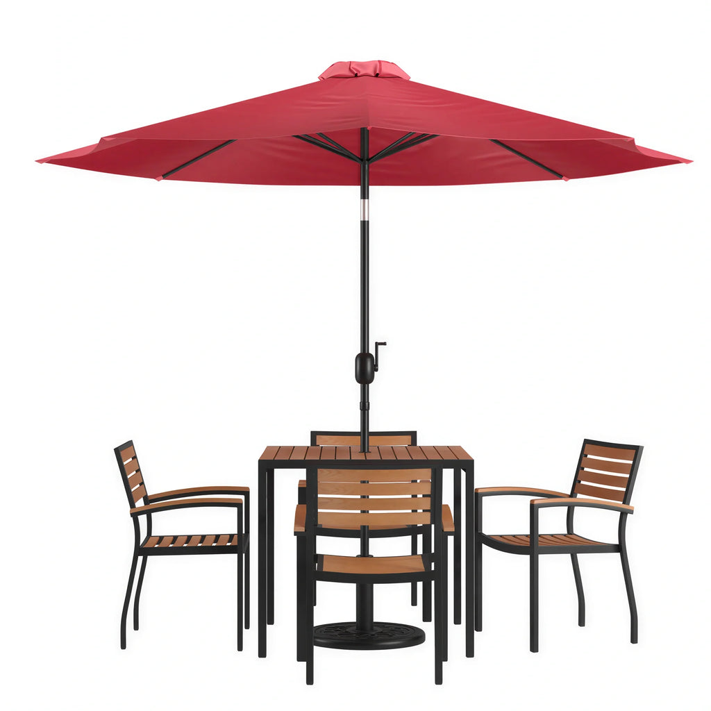 Square Patio Dining Table & 4 Chairs — 35″, Red Umbrella