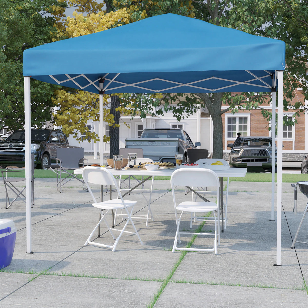 Pop-Up Canopy, Folding Table & 4 Chairs — 8' x 8', Blue