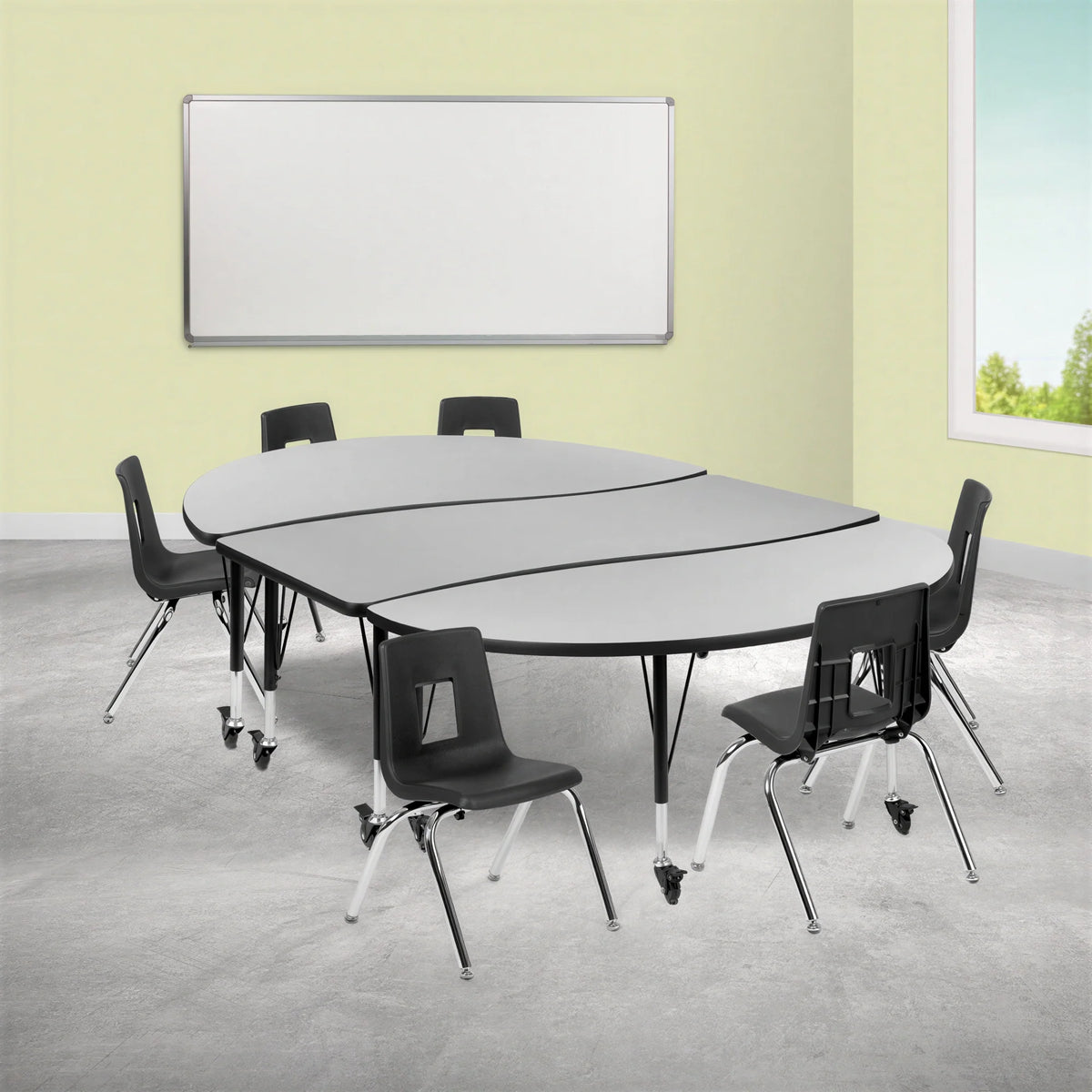 Oval Activity Table & 6 Chairs — Gray/Black (XU-GRP-14CH-A3060CON-60-GY-T-P-CAS)