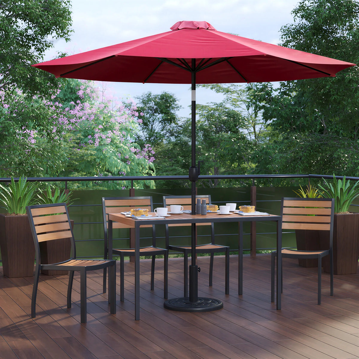 Rectangular Patio Table & 4 Chairs — Red, With Umbrella