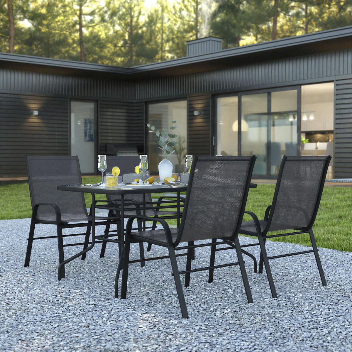 Patio Table & 4 Chairs — 55″, Black (TLH-089REC-303CBK4)