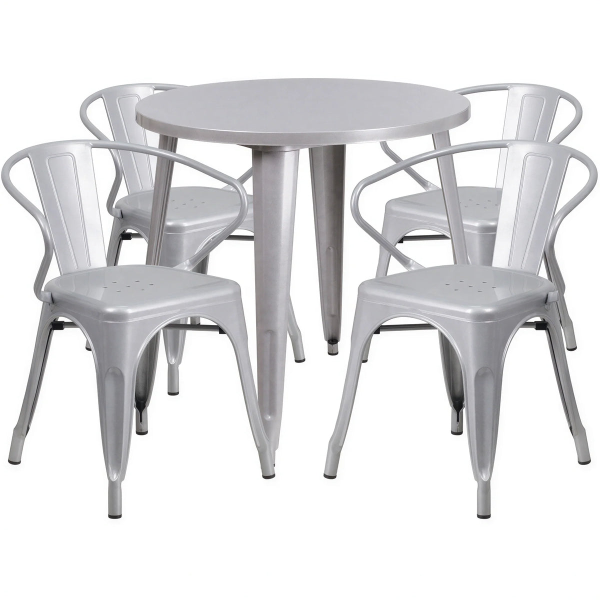 Round Dining Table & 4 Chairs — 30″, Silver (CH-51090TH-4-18ARM-SIL)