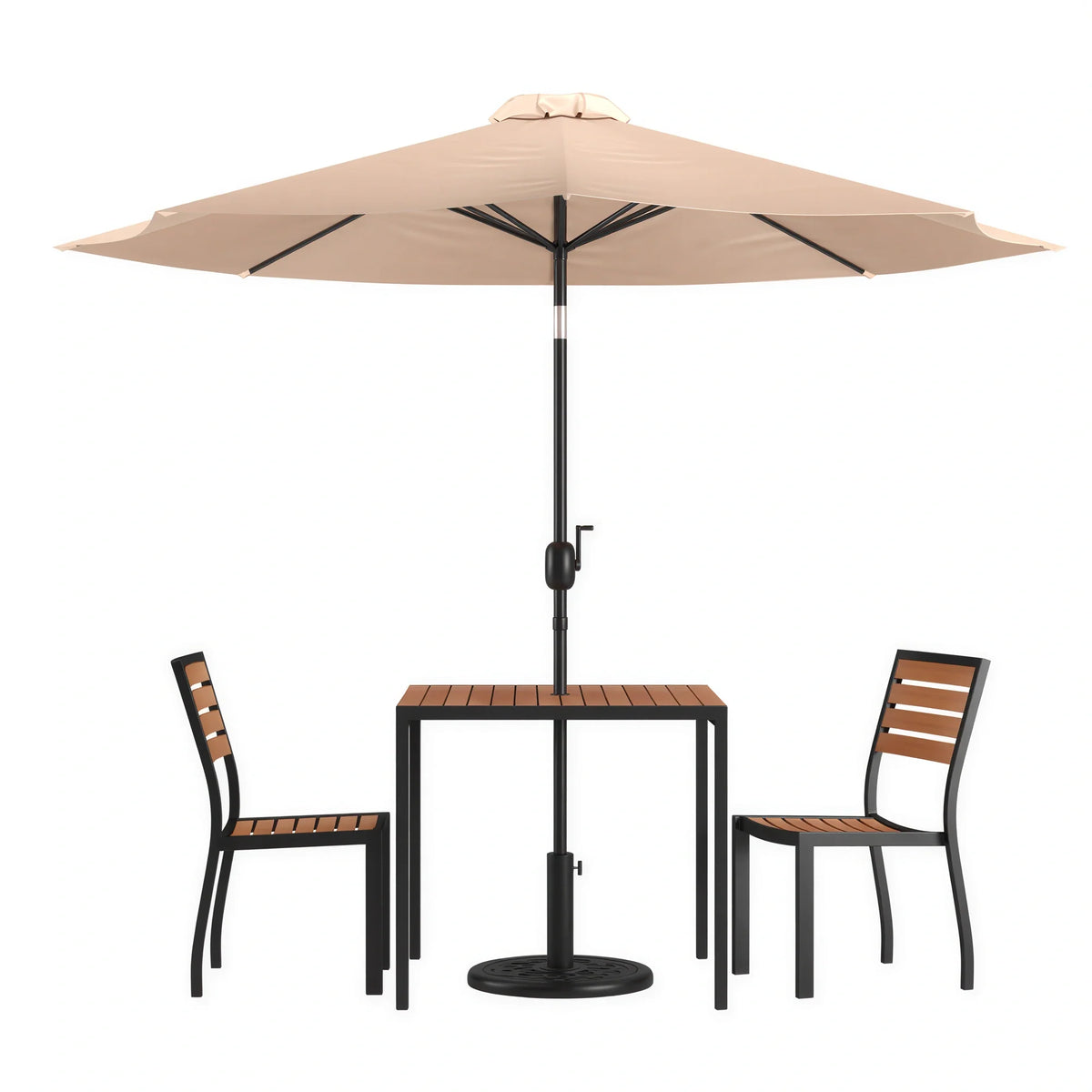 Square Patio Table & 2 Chairs — 35″, Tan, With Umbrella
