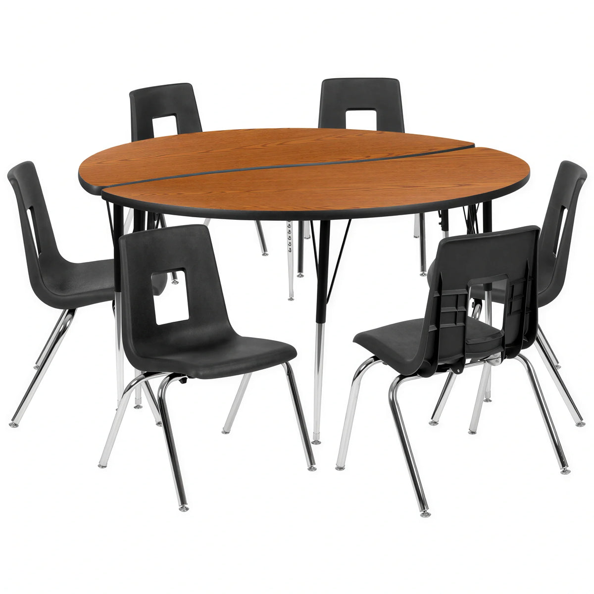 Round Activity Table & 6 Chairs — 60″, Oak/Black (XU-GRP-18CH-A60-HCIRC-OAK-T-A)