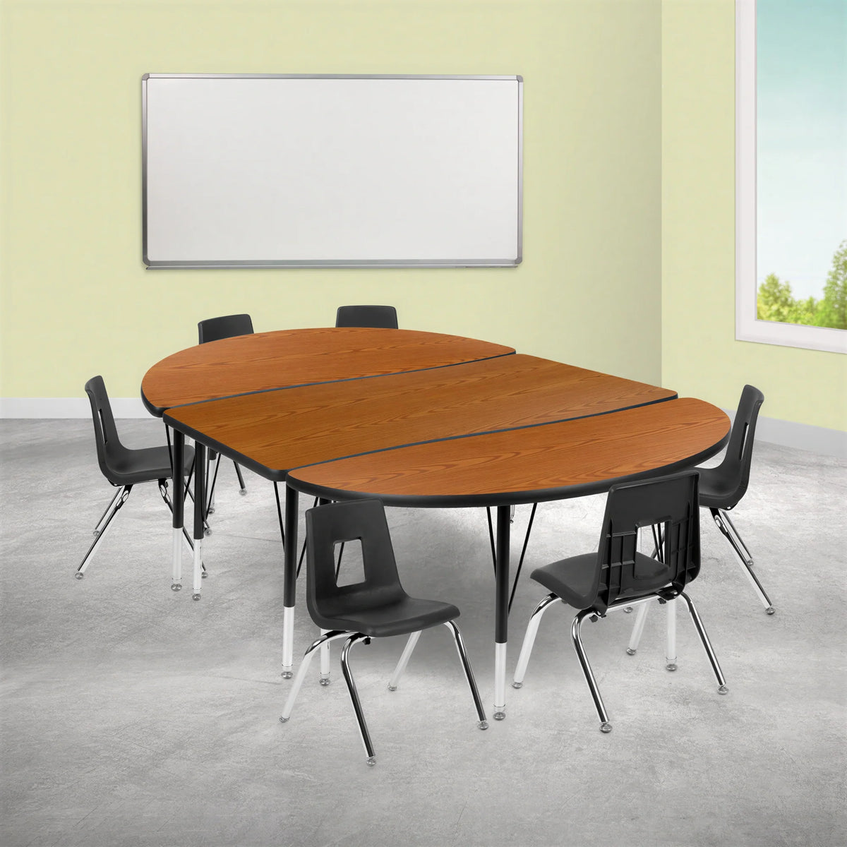 Oval Activity Table & 6 Chairs — Oak/Black (XU-GRP-12CH-A3048CON-48-OAK-T-P)