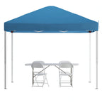 Pop-Up Canopy, Folding Table & 4 Chairs — 10' x 10', Blue (JJ-GZ10183Z-4LEL3-BLWH-GG)