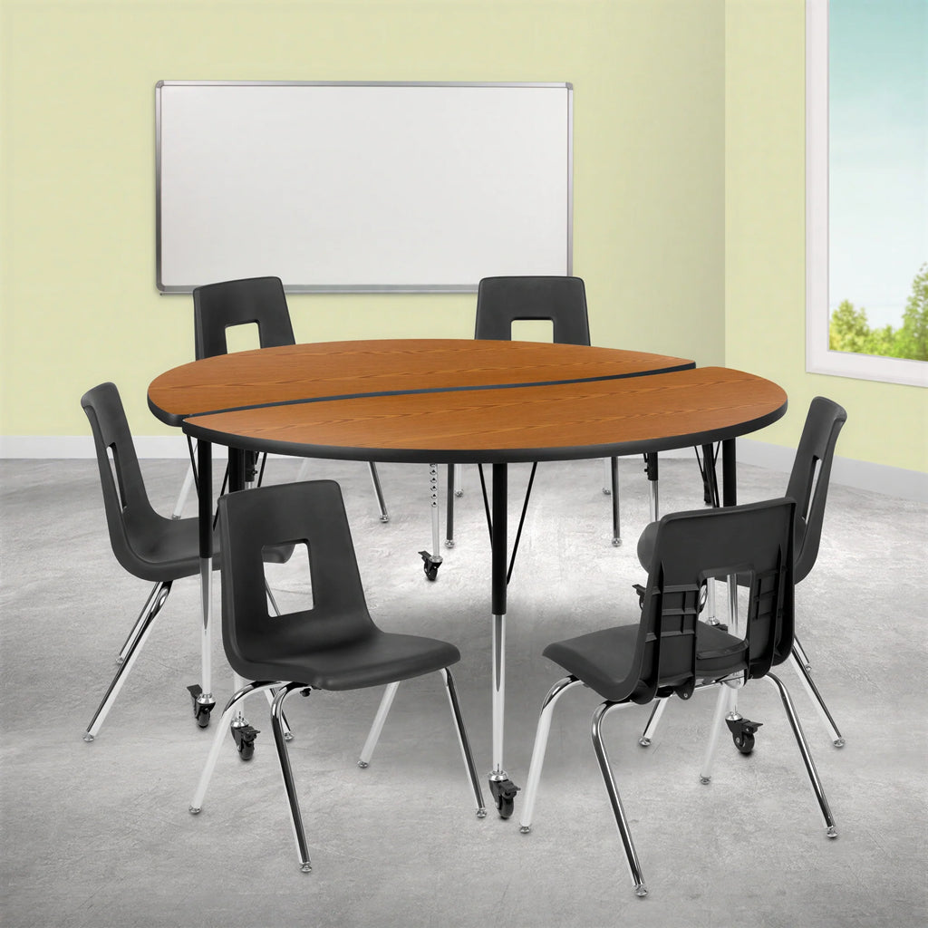 Round Activity Table & 6 Chairs — 60″ (XU-GRP-18CH-A60-HCIRC-OAK-T-A-CAS)