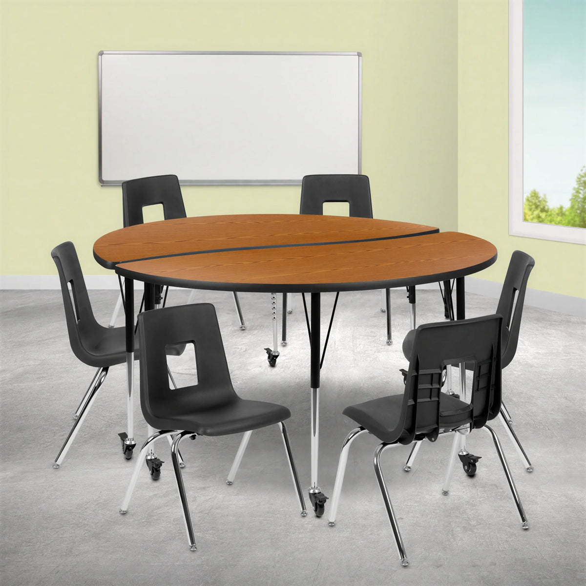 Round Activity Table & 6 Chairs — 60″ (XU-GRP-18CH-A60-HCIRC-OAK-T-A-CAS)