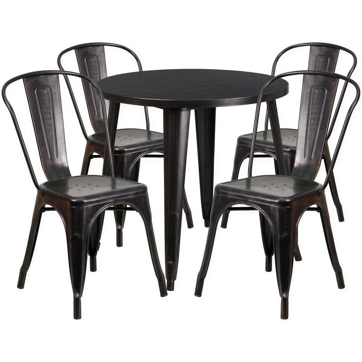 Round Dining Table & 4 Chairs — 30″, Black/Antique Gold (CH-51090TH-4-18CAFE-BQ)