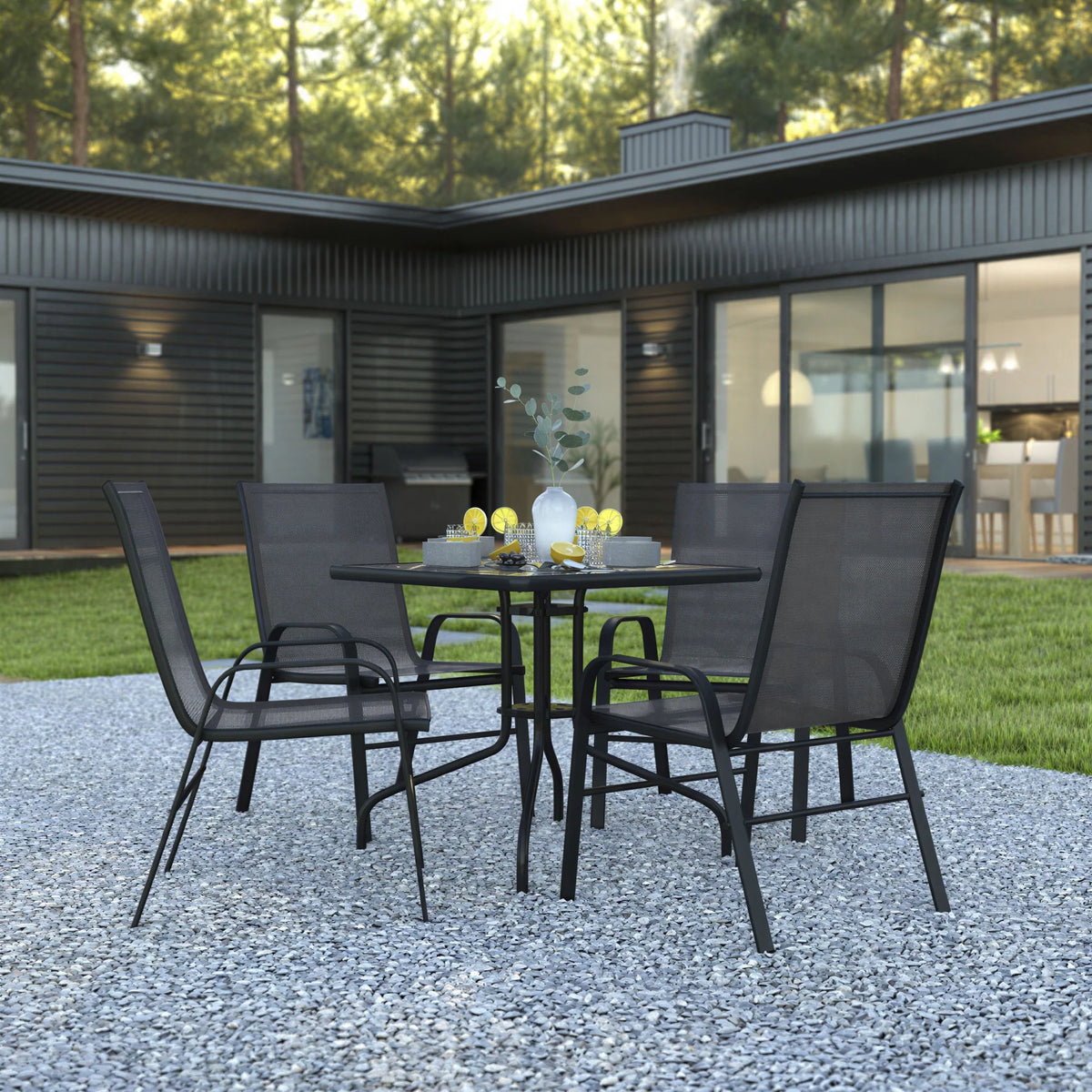 Square Patio Table & 4 Chairs — 31.5″, Black