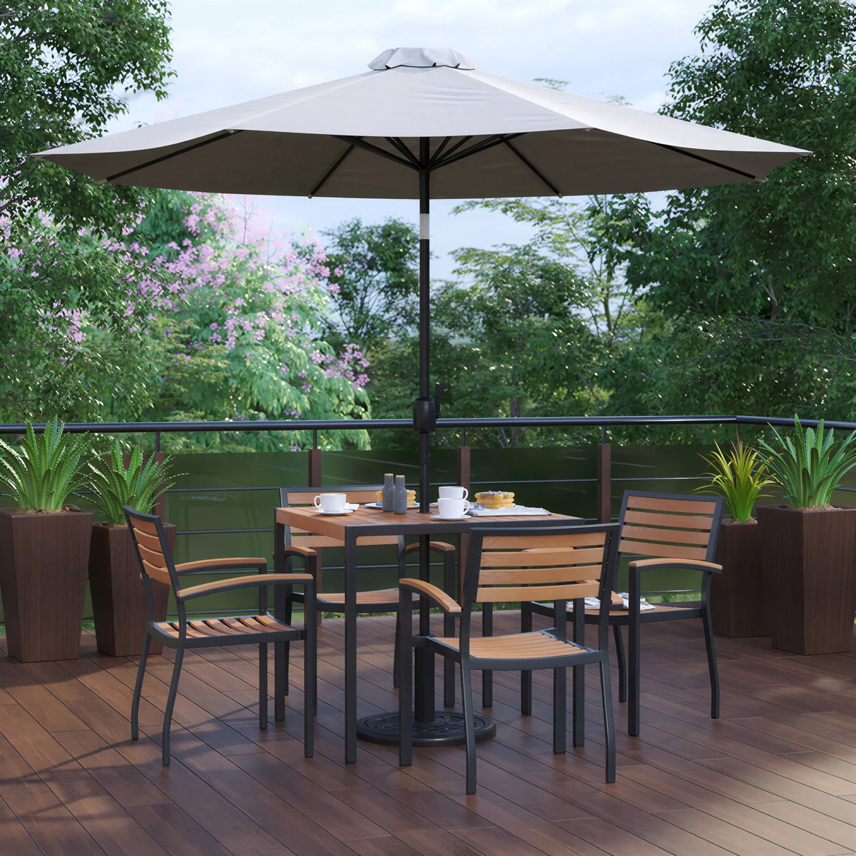 Square Patio Table & 4 Chairs — 35″, With Umbrella (XU-DG-810060064-UB19BGY)