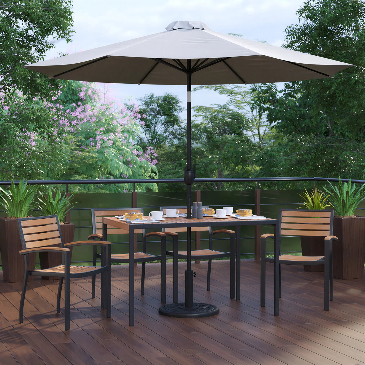 Rectangular Patio Table & 4 Chairs — Gray, With Umbrella (XU-DG-304860064-UB19BGY)