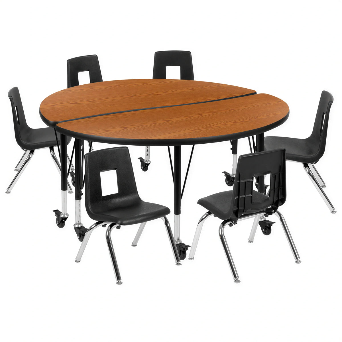 Round Activity Table & 6 Chairs — 48″, Oak/Black (XU-GRP-14CH-A48-HCIRC-OAK-T-P-CAS)