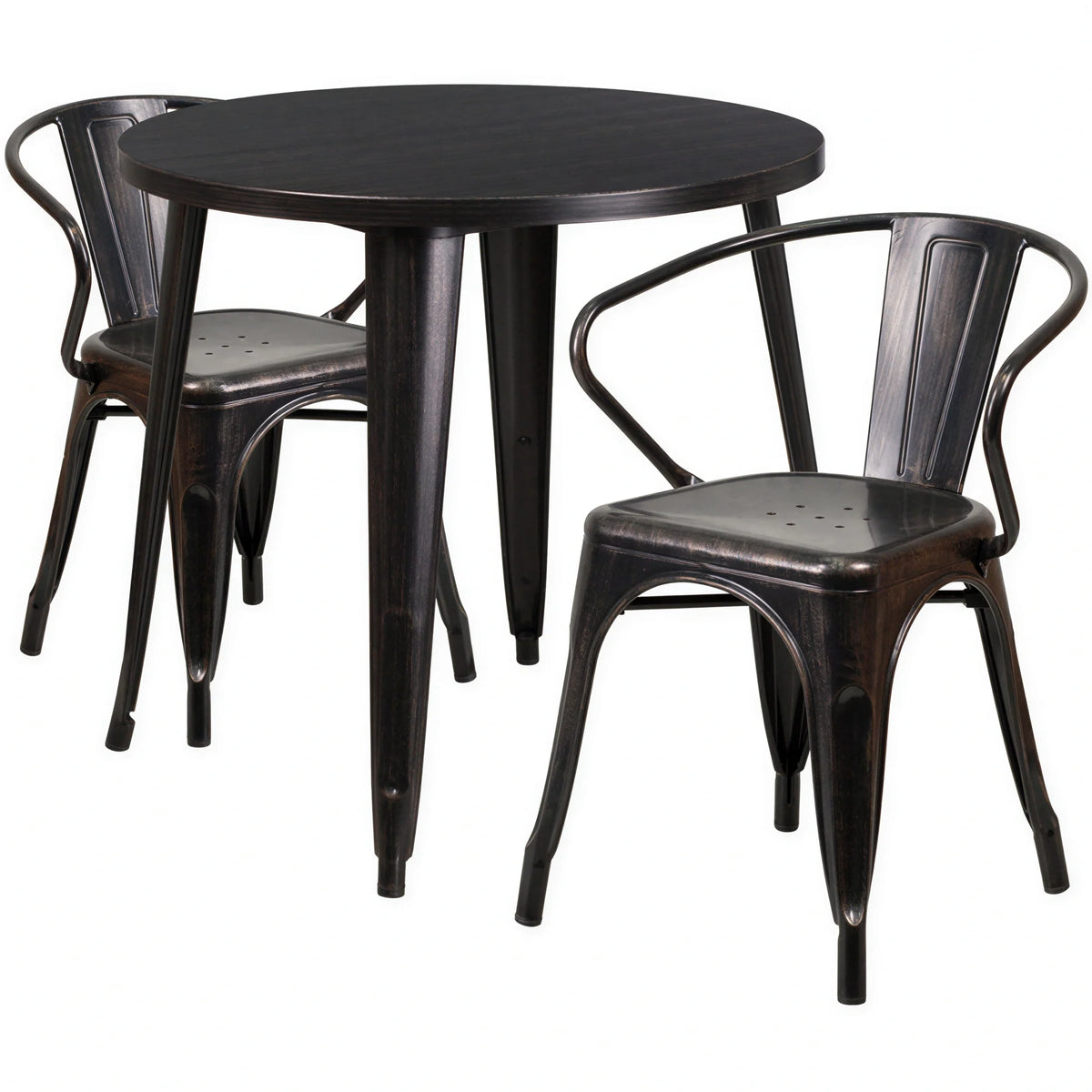 Round Dining Table & 2 Chairs — 30″, Black/Antique Gold (CH-51090TH-2-18ARM-BQ)