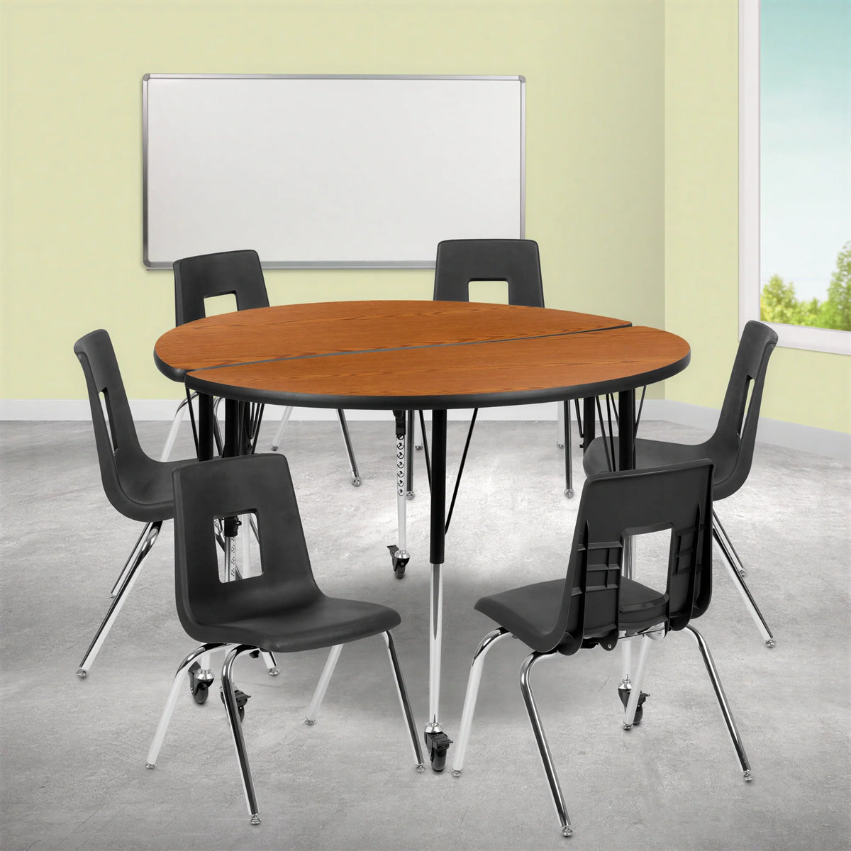 Round Activity Table & 6 Chairs — 48″, Oak/Black (XU-GRP-18CH-A48-HCIRC-OAK-T-A-CAS)