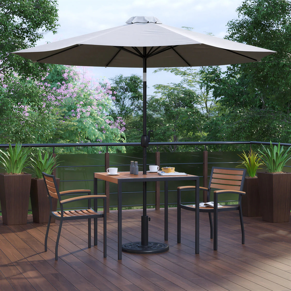 Square Patio Dining Table & 2 Chairs — 35″, Gray Umbrella