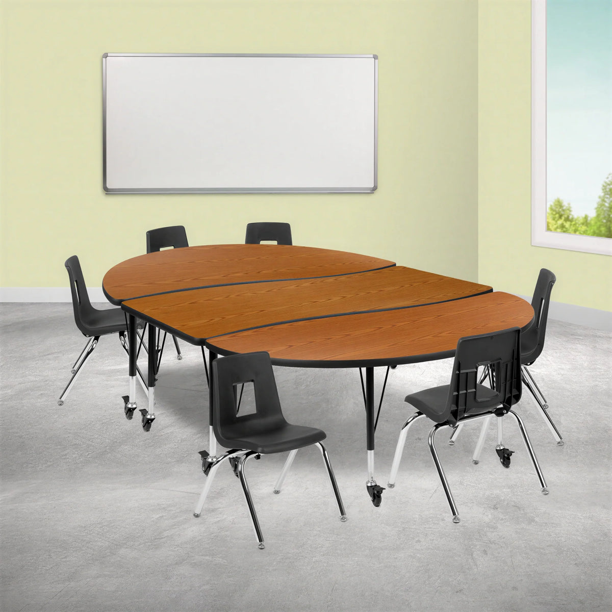 Oval Activity Table & 6 Chairs — Oak/Black (XU-GRP-14CH-A3060CON-60-OAK-T-P-CAS)