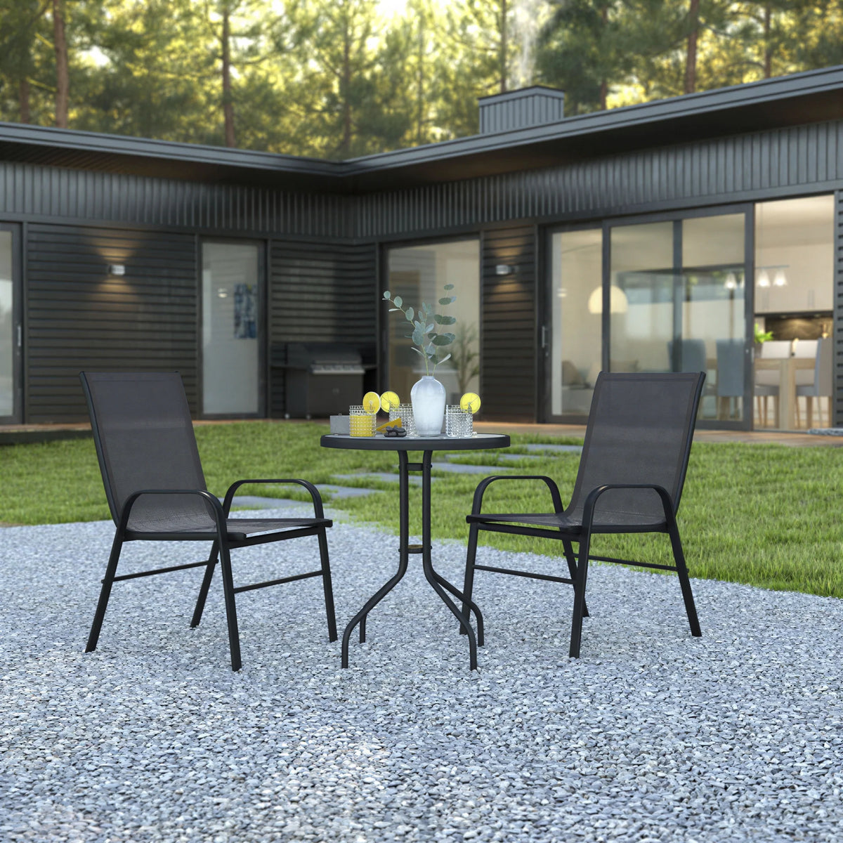 Round Patio Table & 2 Chairs — 23.75″, Black