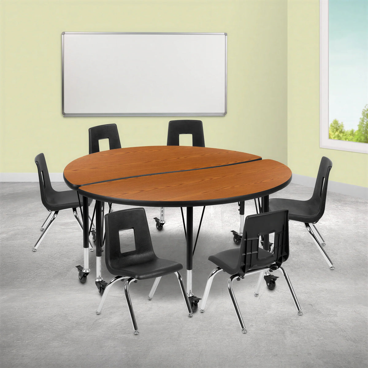 Round Activity Table & 6 Chairs — 48″, Oak/Black (XU-GRP-14CH-A48-HCIRC-OAK-T-P-CAS)