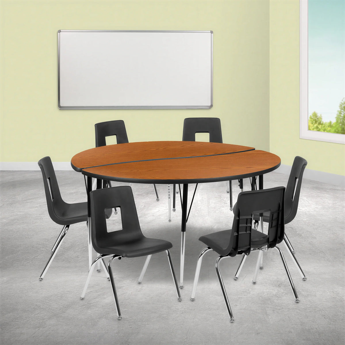 Round Activity Table & 6 Chairs — 60″, Oak/Black (XU-GRP-18CH-A60-HCIRC-OAK-T-A)
