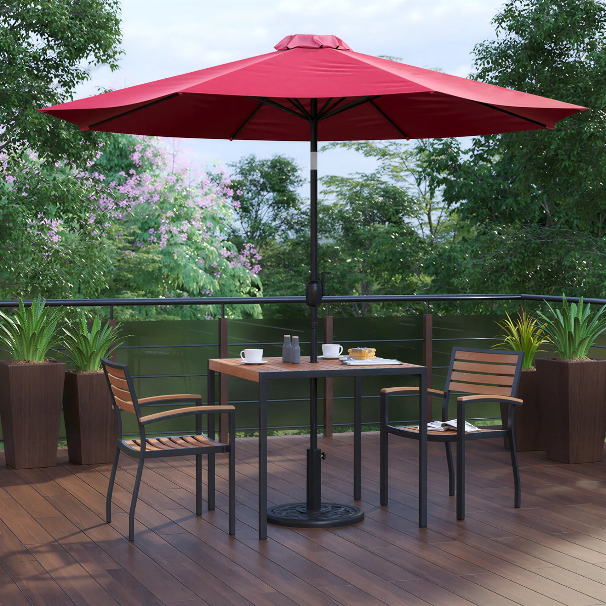 Square Patio Table & 2 Chairs — 35″, Red, With Umbrella (XU-DG-810060062-UB19BRD)
