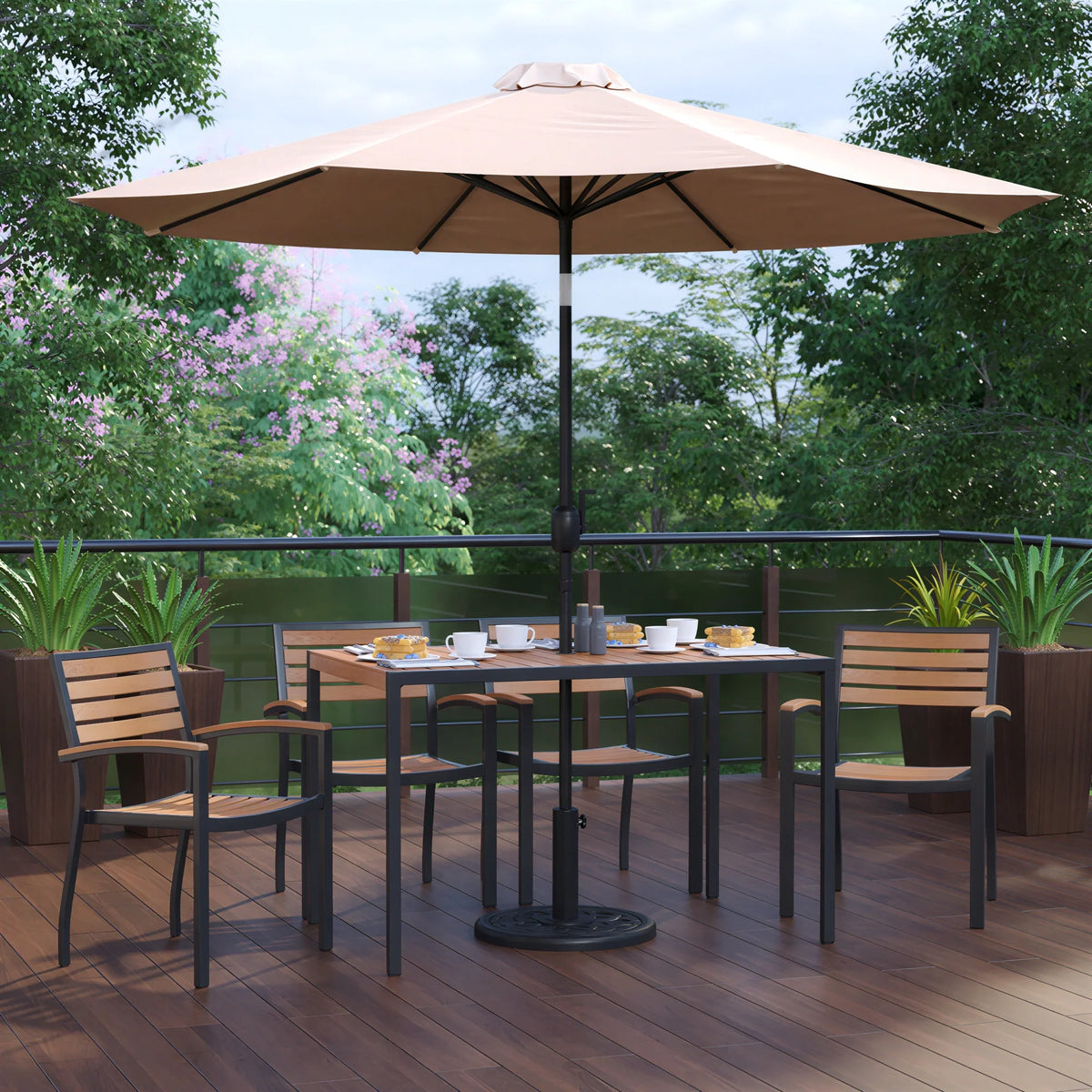 Rectangular Patio Table & 4 Chairs — Tan, With Umbrella (XU-DG-304860064-UB19BTN)
