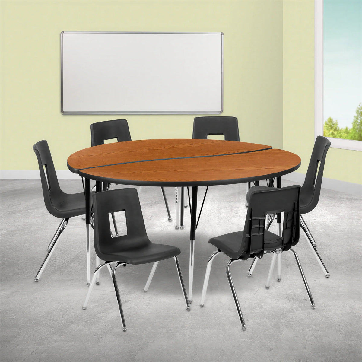 Round Activity Table & 6 Chairs — 60″, Oak/Black (XU-GRP-16CH-A60-HCIRC-OAK-T-A)