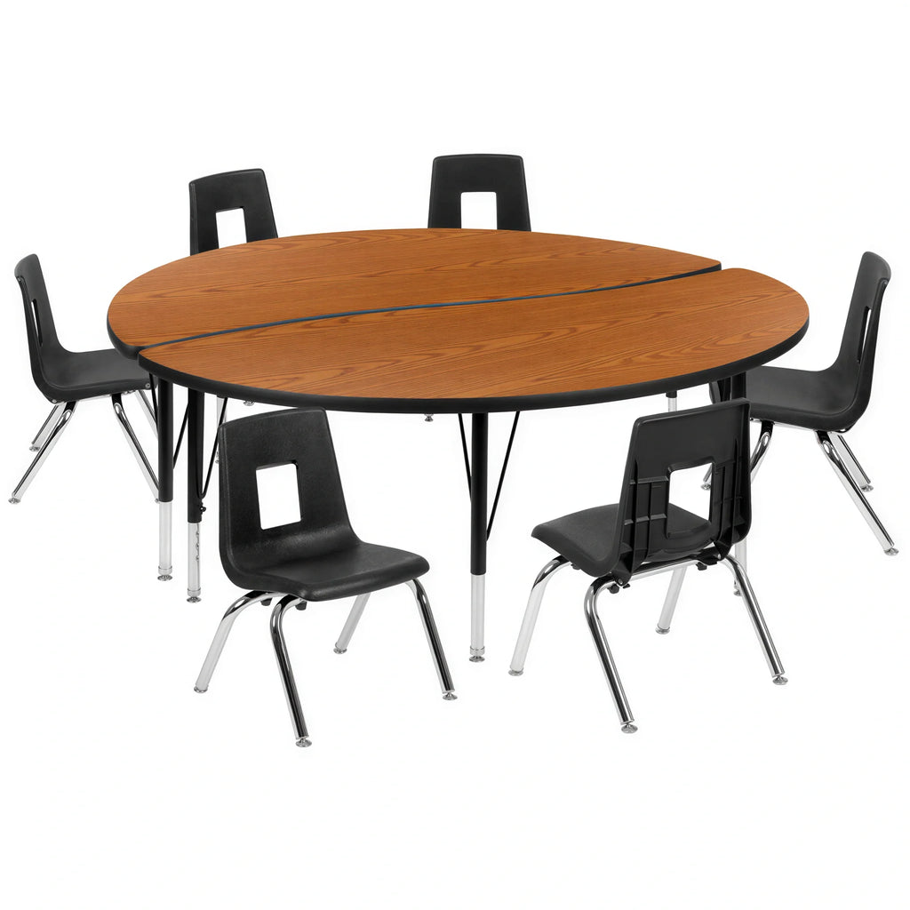 Round Activity Table & 6 Chairs — 60″, Oak/Black (XU-GRP-14CH-A60-HCIRC-OAK-T-P)