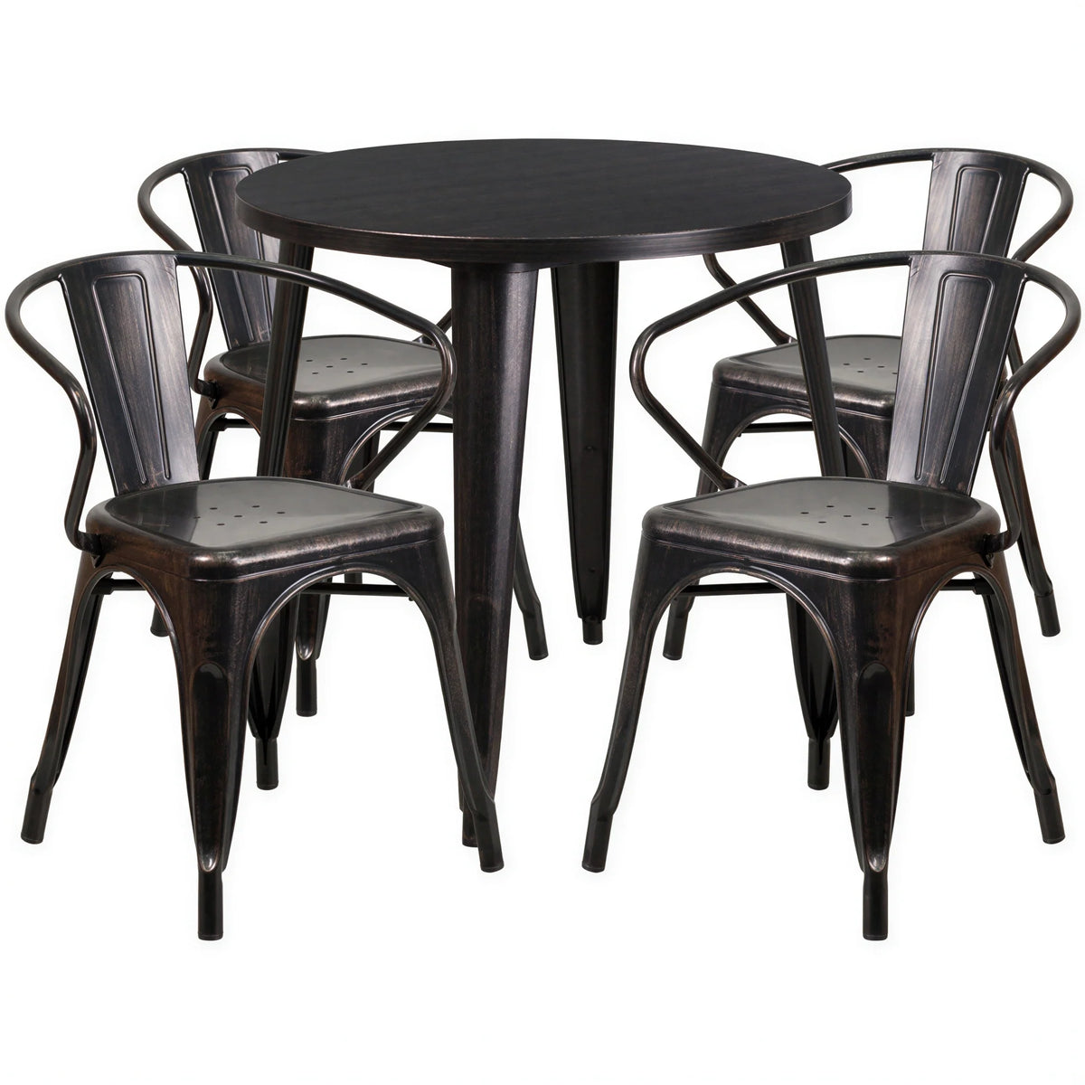 Round Dining Table & 4 Chairs — 30″, Black/Antique Gold (CH-51090TH-4-18ARM-BQ)