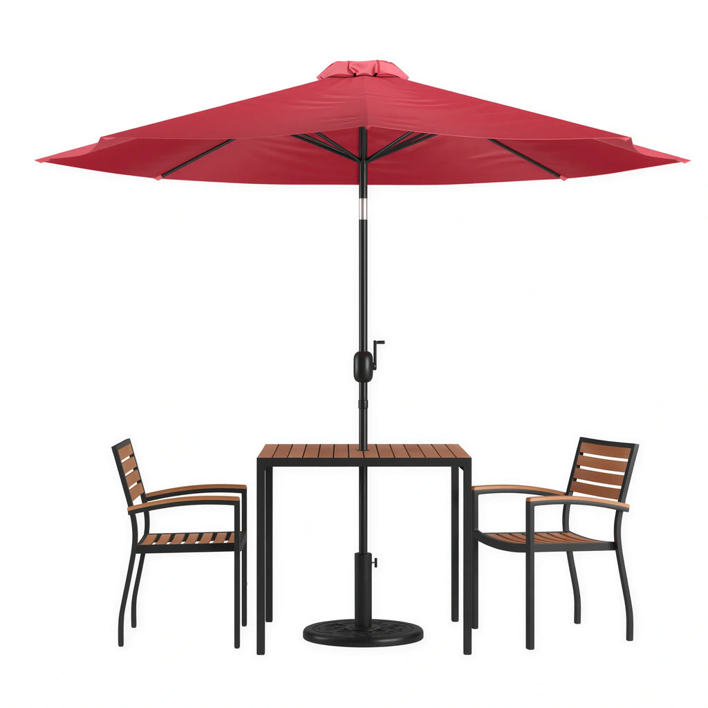 Square Patio Table & 2 Chairs — 35″, Red, With Umbrella (XU-DG-810060062-UB19BRD)