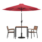Square Patio Table & 2 Chairs — 35″, Red, With Umbrella (XU-DG-810060062-UB19BRD)