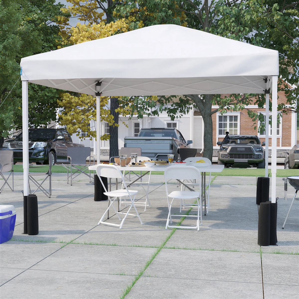 Pop-Up Canopy, Folding Table & 4 Chairs — 10' x 10', White (JJ-GZ10PKG183Z-4LEL3-WHWH-GG)