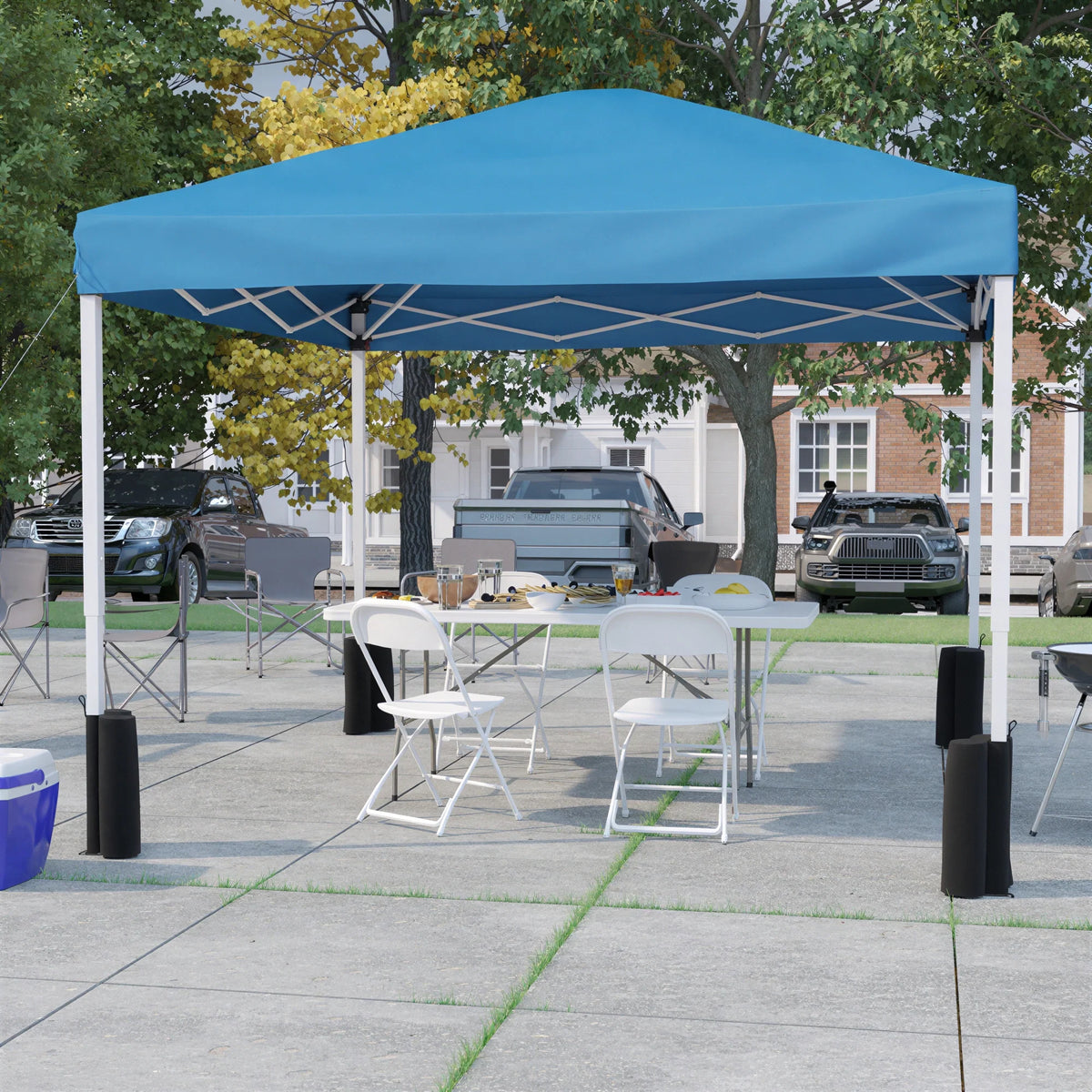Pop-Up Canopy, Folding Table & 4 Chairs — 10' x 10', Blue (JJ-GZ10PKG183Z-4LEL3-BLWH-GG)