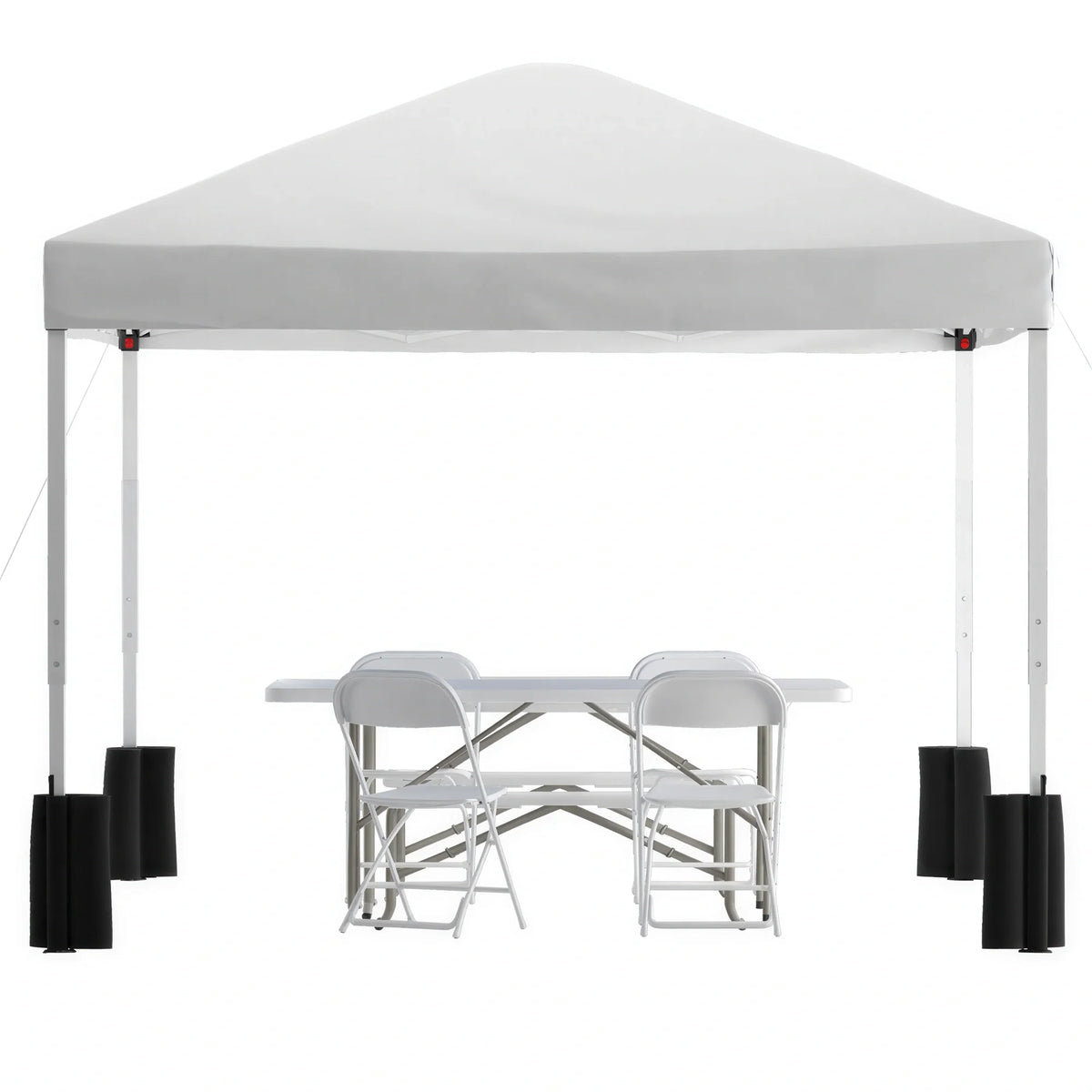 Pop-Up Canopy, Folding Table & 4 Chairs — 10' x 10', White (JJ-GZ10PKG183Z-4LEL3-WHWH-GG)