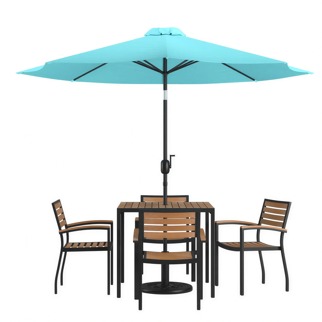Square Patio Table & 4 Chairs — 35″, With Umbrella (XU-DG-810060064-UB19BTL)