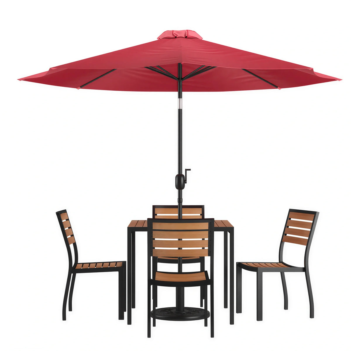 Square Patio Table & 4 Chairs — 35″, Red, With Umbrella