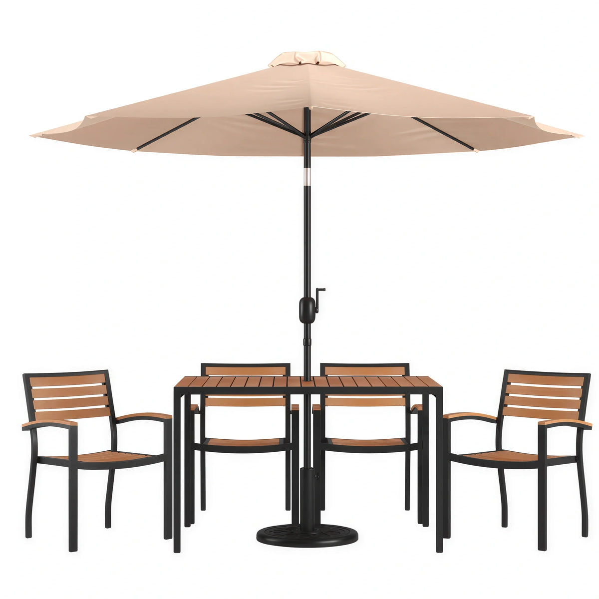 Rectangular Patio Table & 4 Chairs — Tan, With Umbrella (XU-DG-304860064-UB19BTN)