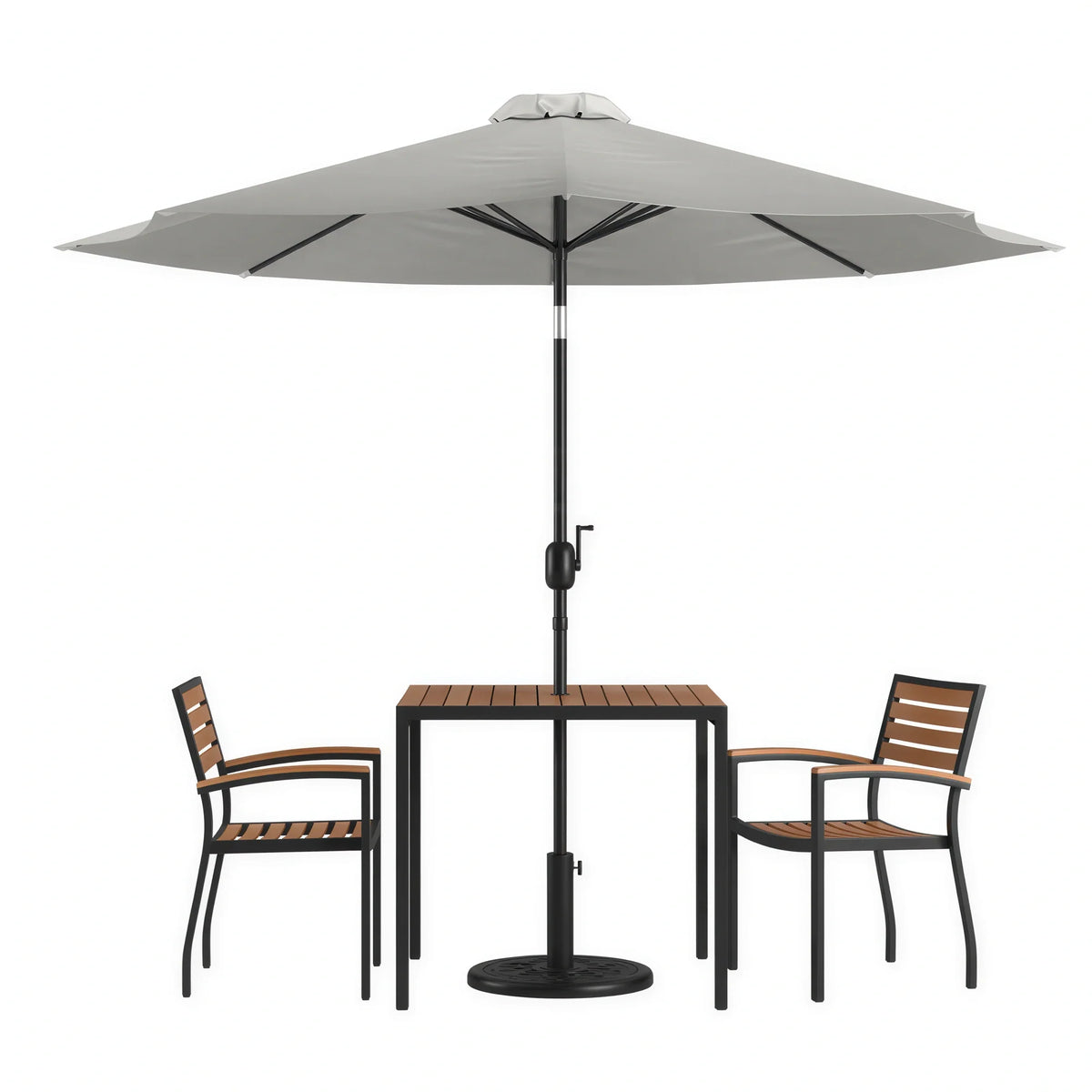Square Patio Dining Table & 2 Chairs — 35″, Gray Umbrella