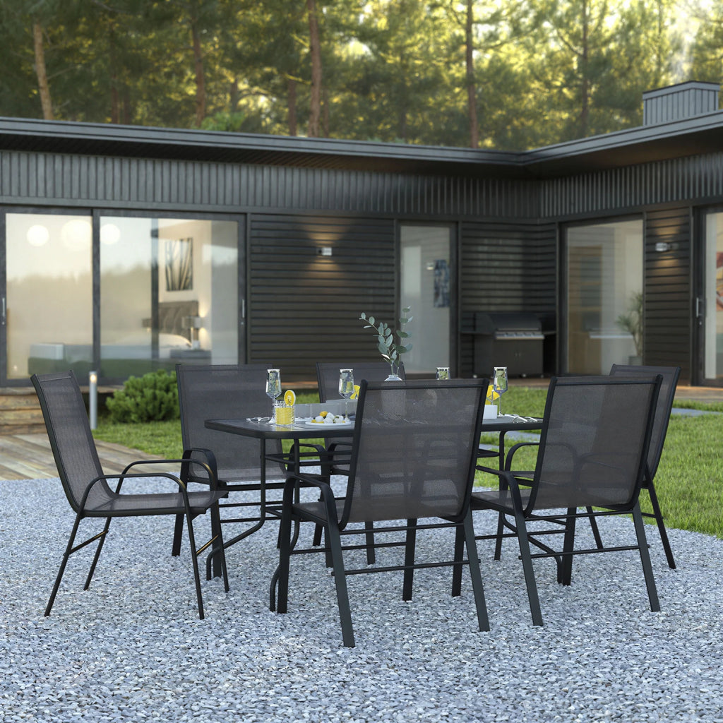 Patio Table & 6 Chairs — 55″, Black (TLH-089REC-303CBK6)