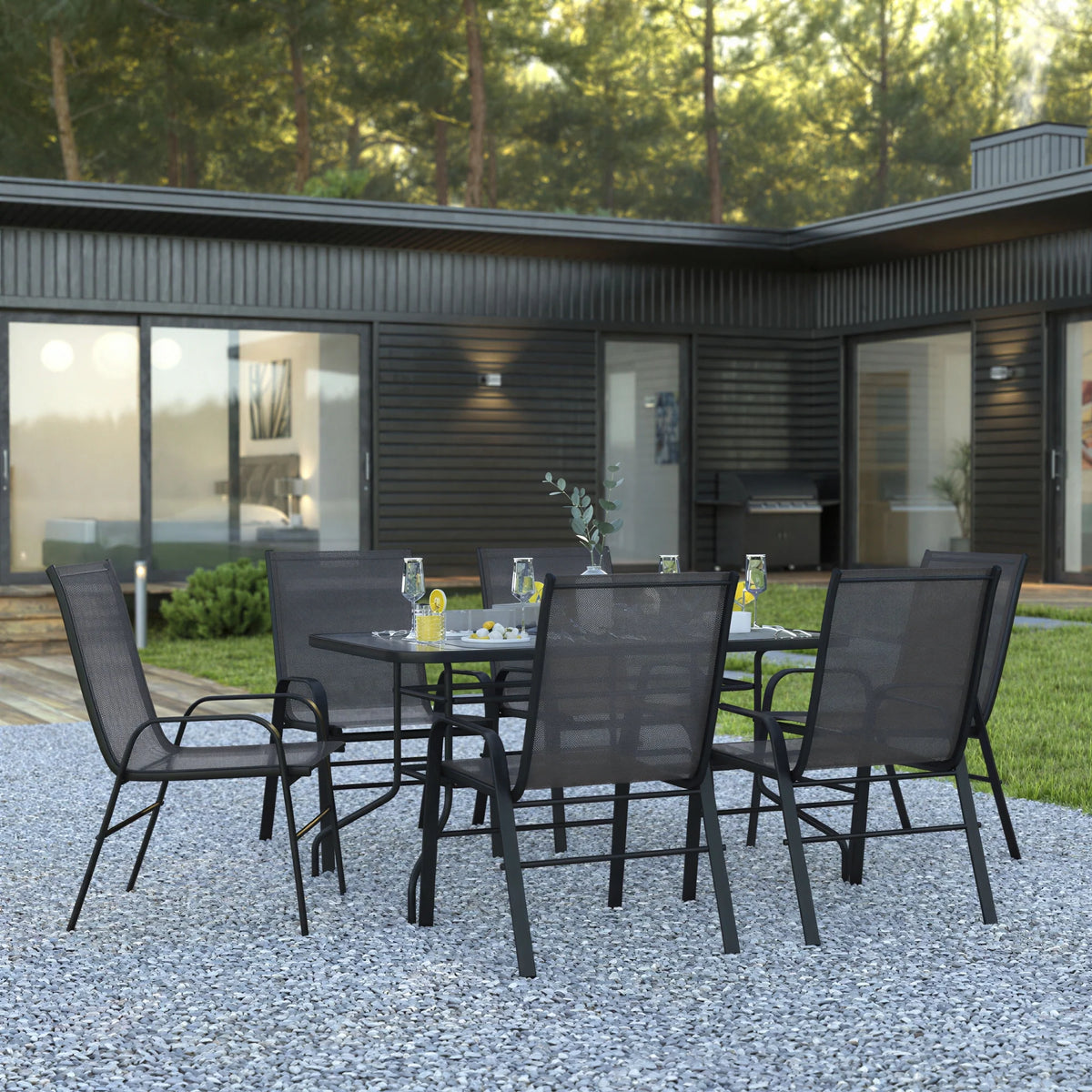 Patio Table & 6 Chairs — 55″, Black (TLH-089REC-303CBK6)