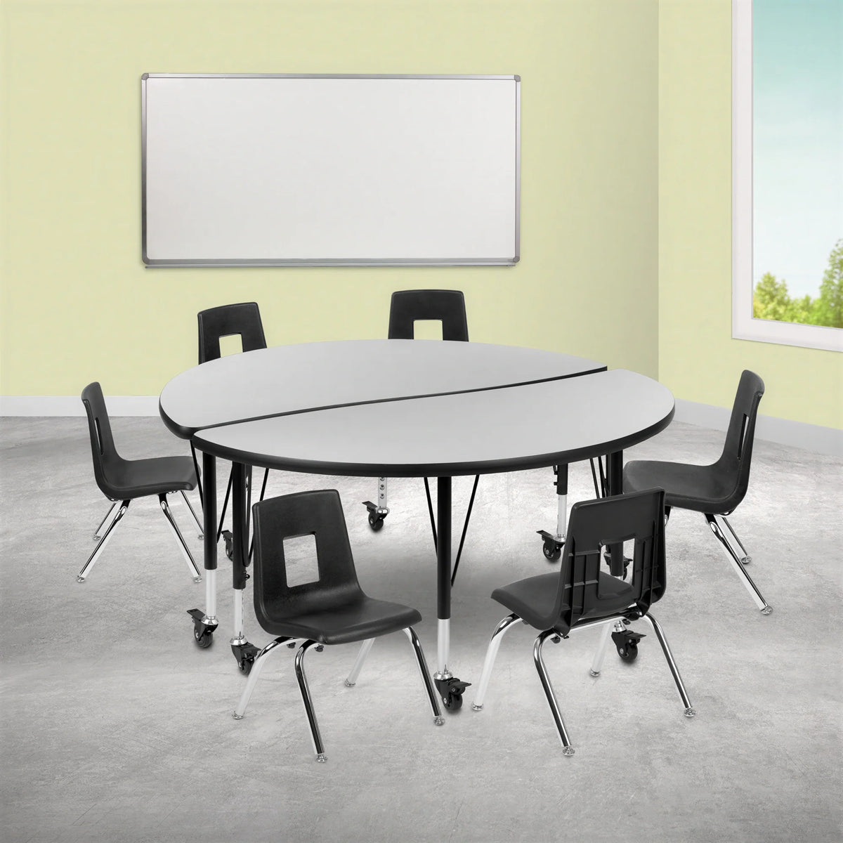 Round Activity Table & 6 Chairs — 48″, Gray/Black (XU-GRP-12CH-A48-HCIRC-GY-T-P-CAS)