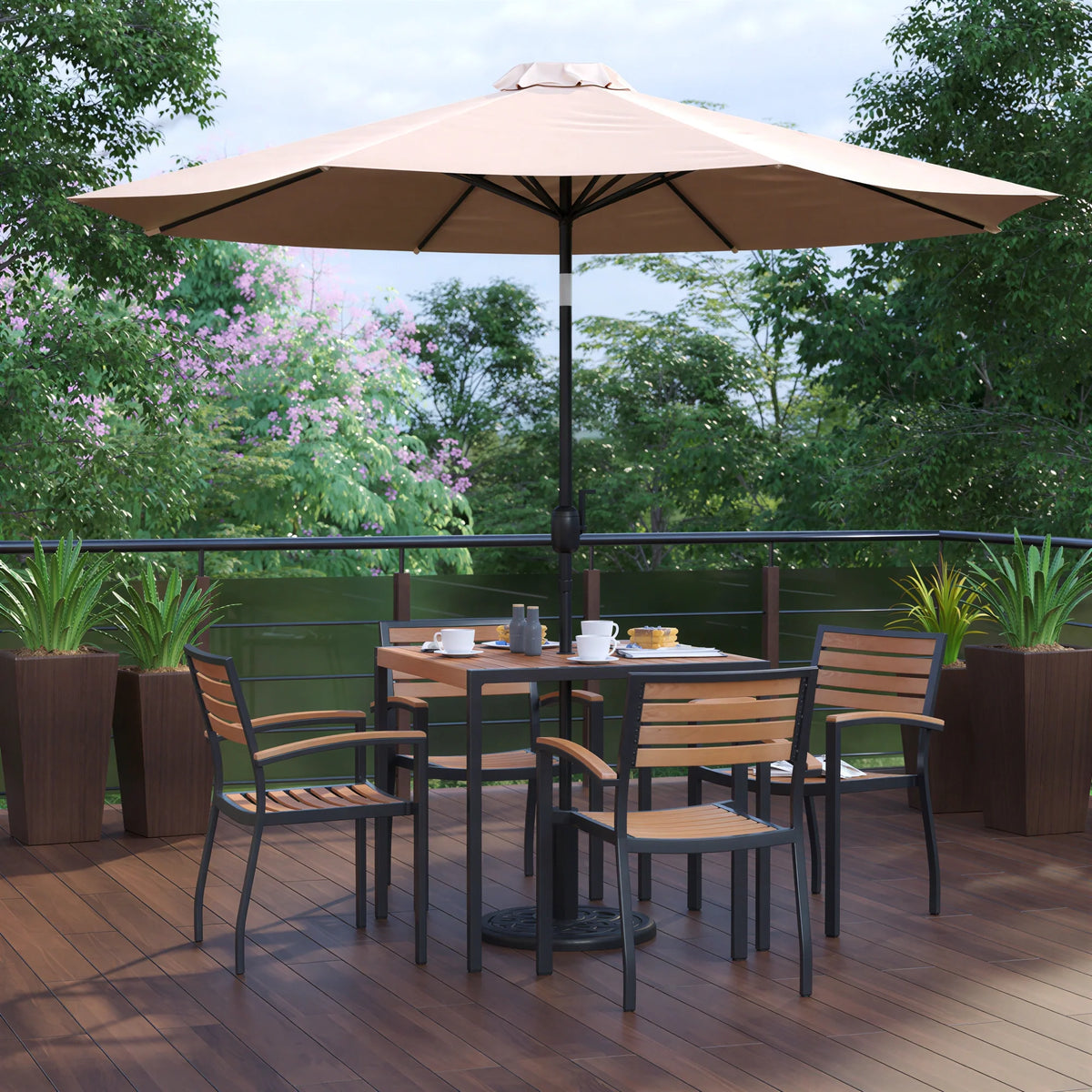 Square Patio Table & 4 Chairs — 35″, With Umbrella (XU-DG-810060064-UB19BTN)