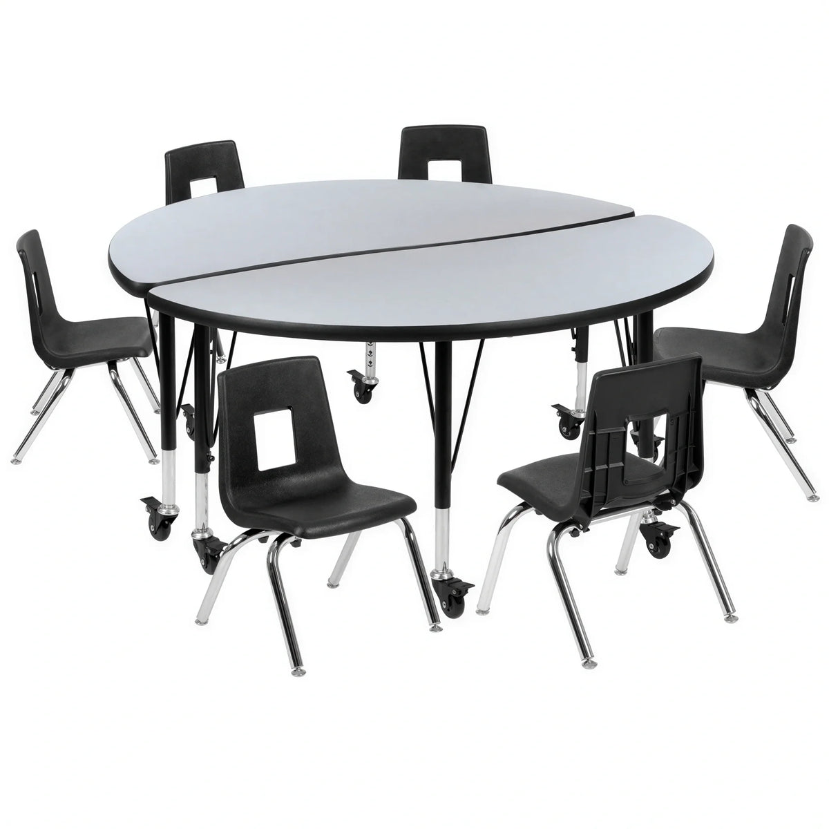 Round Activity Table & 6 Chairs — 48″, Gray/Black (XU-GRP-12CH-A48-HCIRC-GY-T-P-CAS)