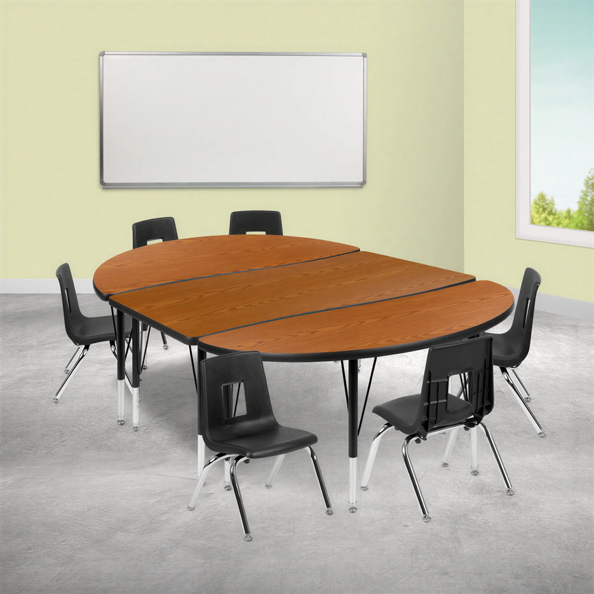 Oval Activity Table & 6 Chairs — Oak/Black (XU-GRP-14CH-A3048CON-48-OAK-T-P)