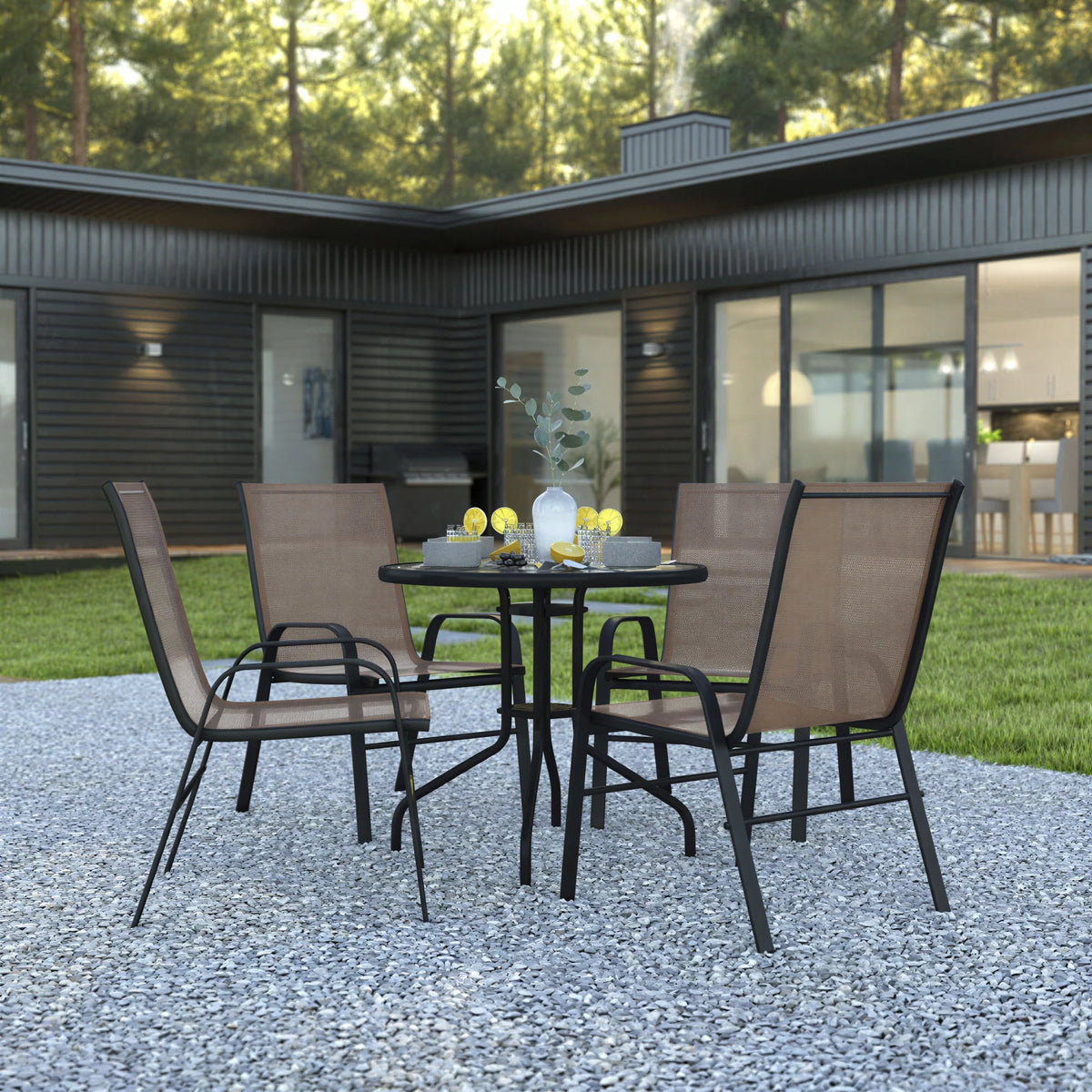 Round Patio Table & 4 Chairs — 31.5″, Brown