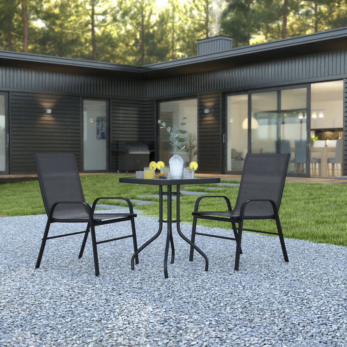 Square Patio Table & 2 Chairs — Black